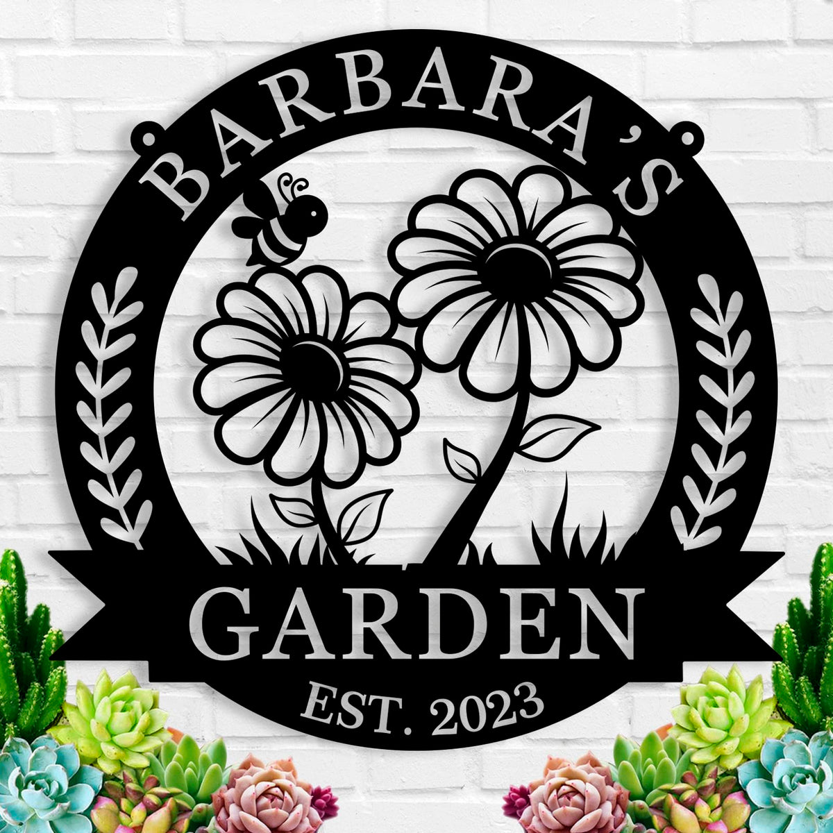 Personalized garden sign in a garden setting