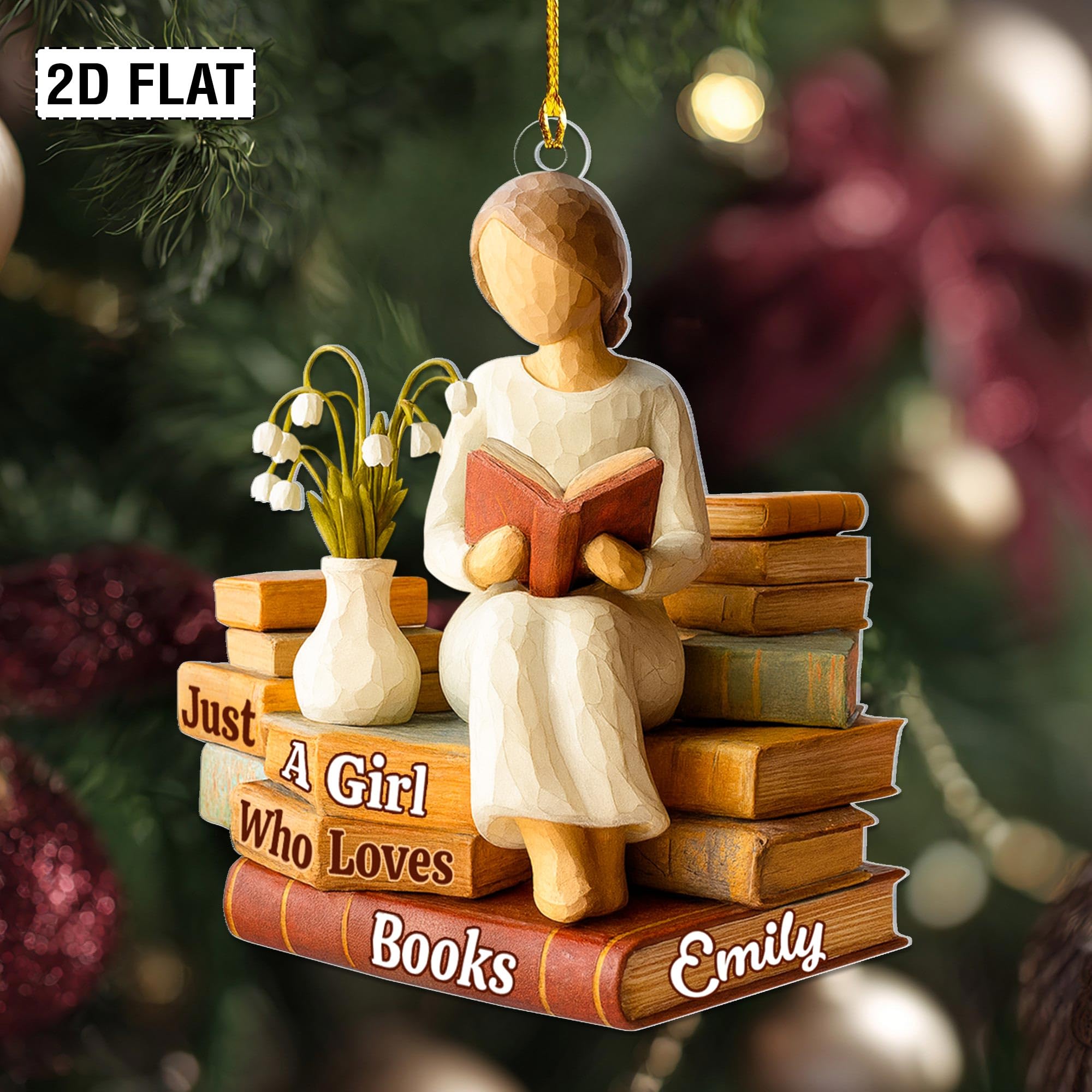 Personalized acrylic ornament featuring a girl on stacked books with flowers
