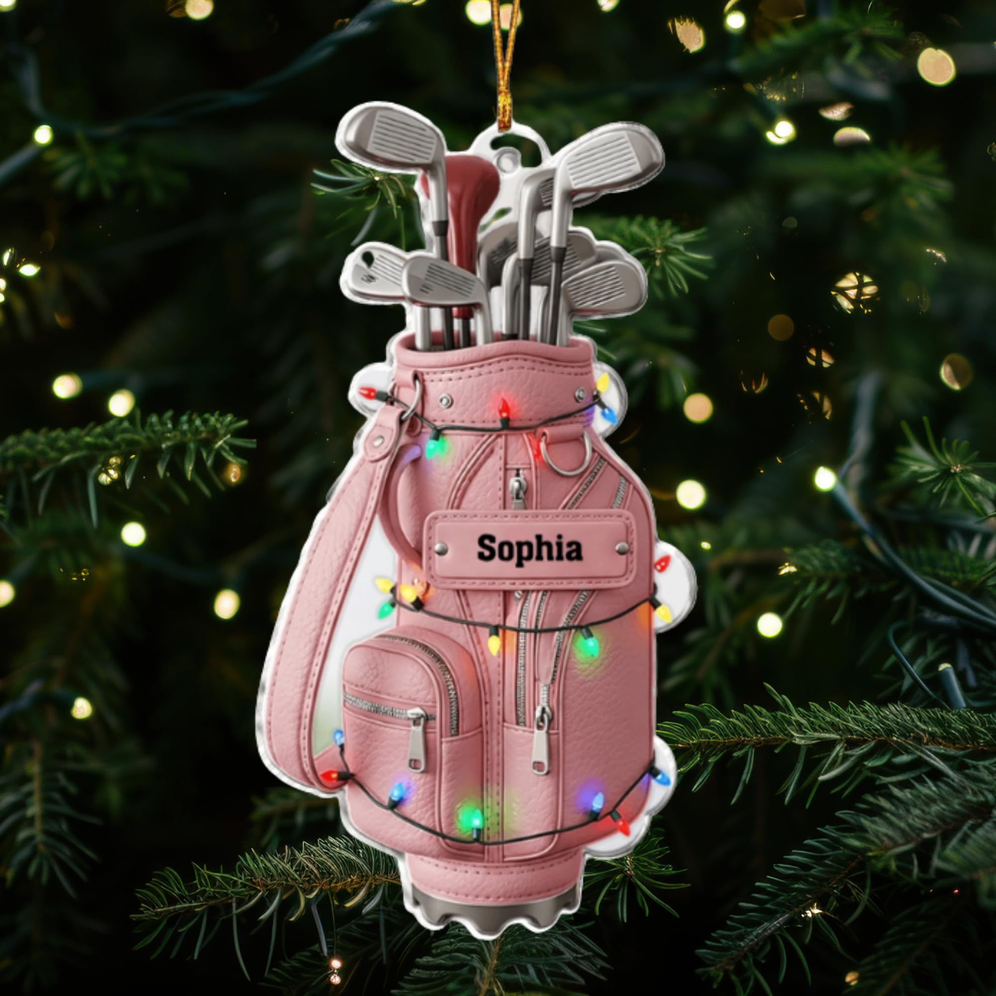 Golf mom ornament featuring name personalization on acrylic