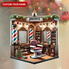 Barber shop holiday ornament with family scene
