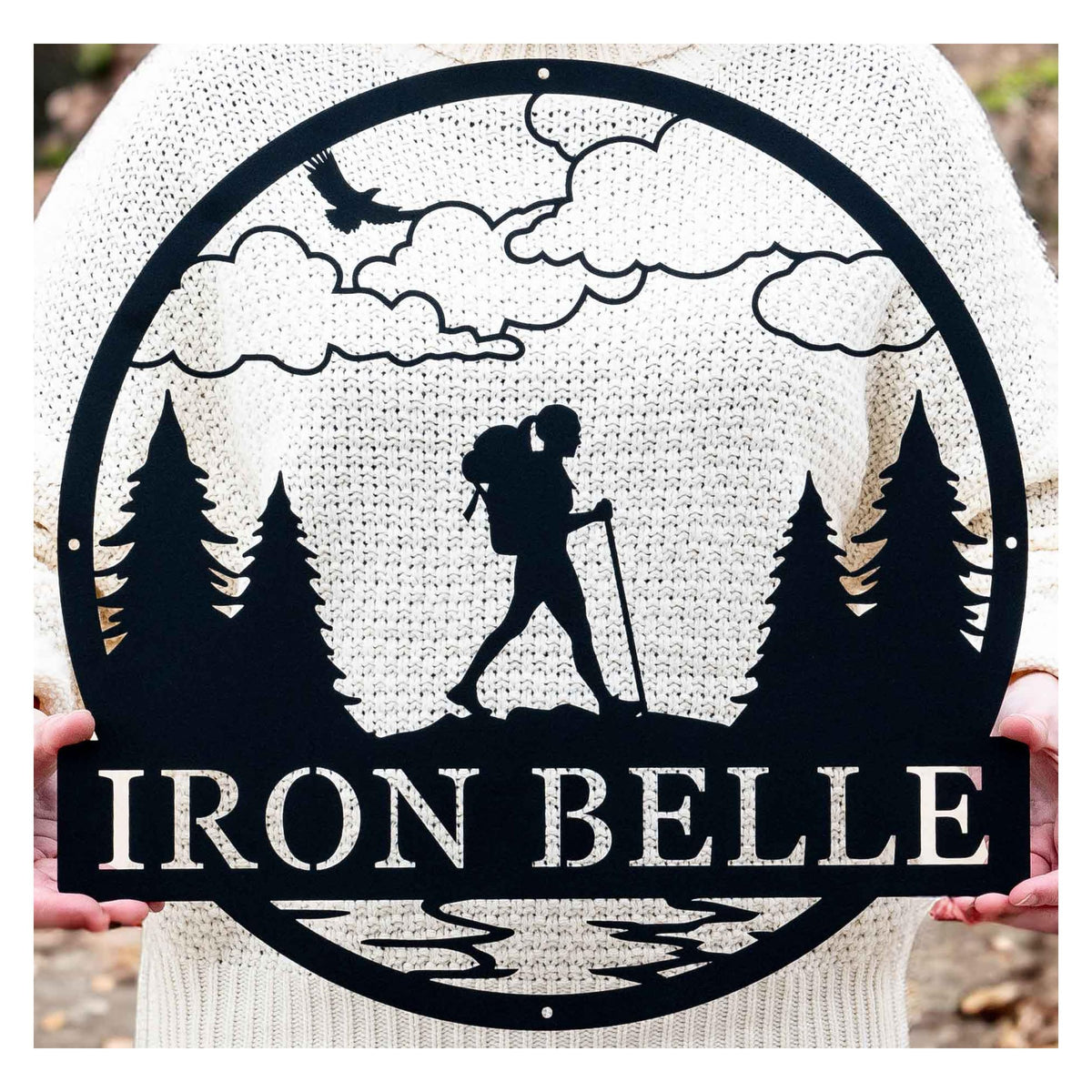 Personalized hiker gift outdoor metal name sign close up