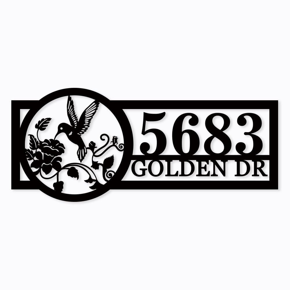 Personalized hummingbird metal address sign mounted on wall