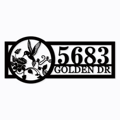 Personalized hummingbird metal address sign mounted on wall