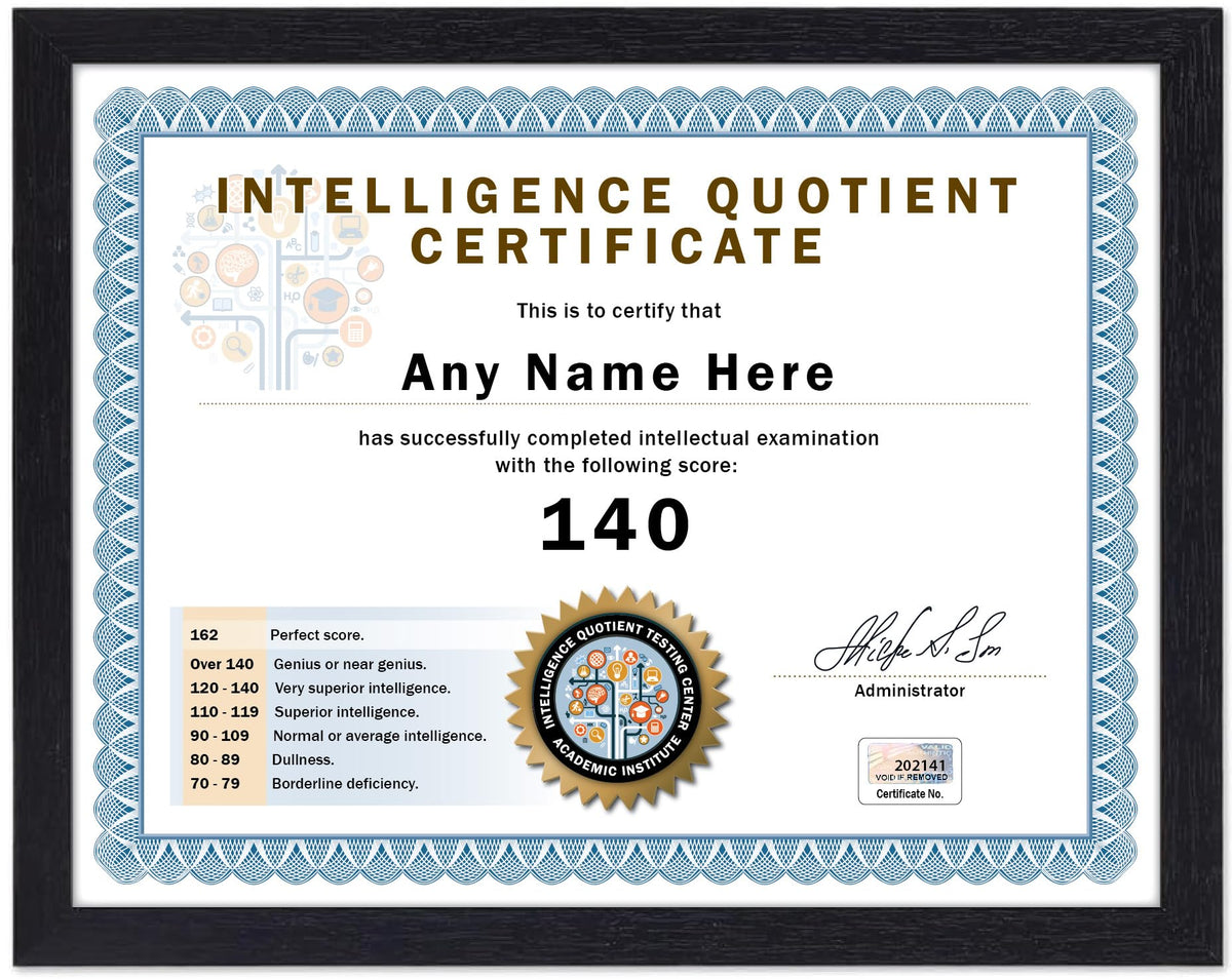 Personalized IQ Test Score Certificate with name and score