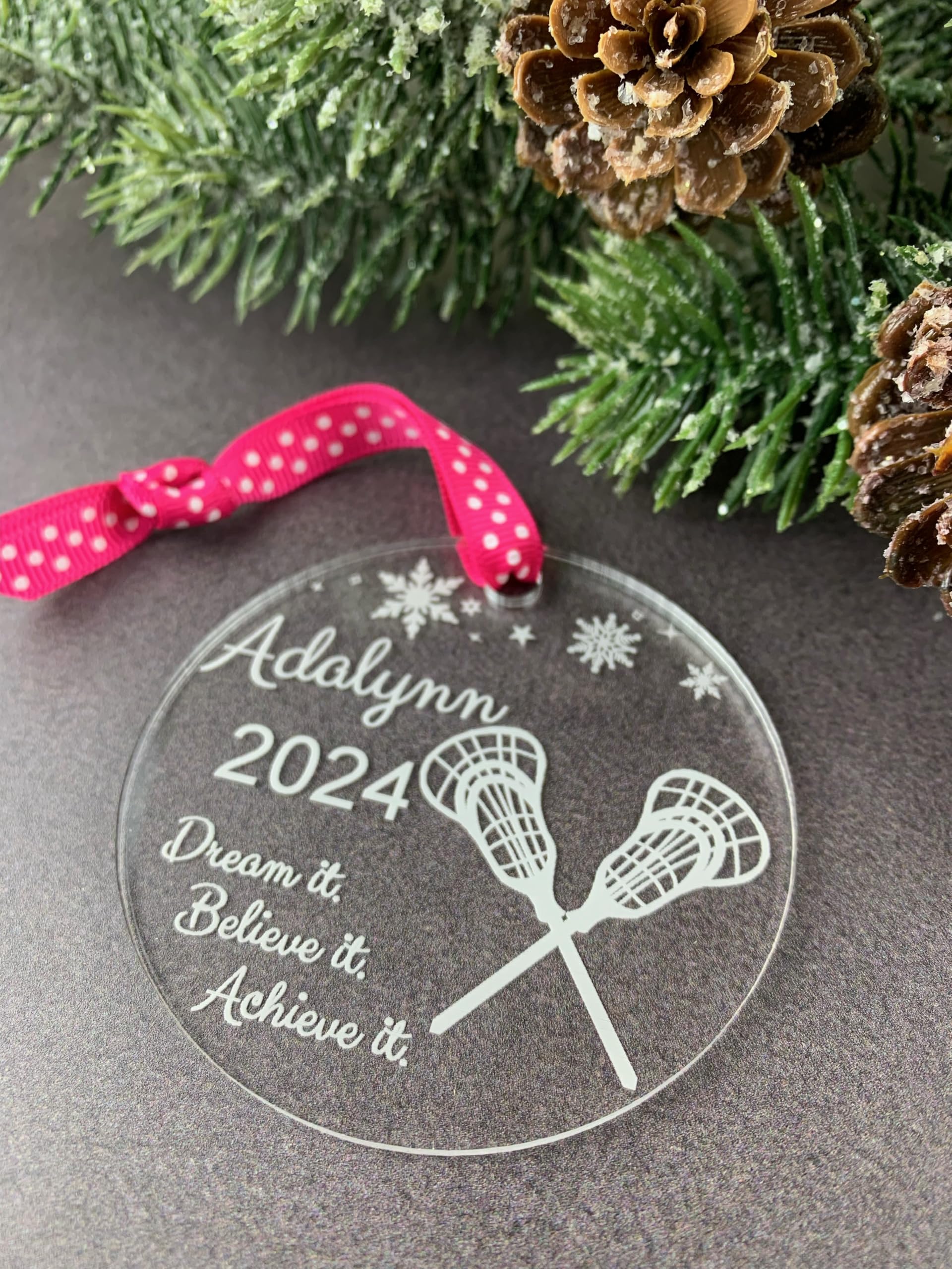 Clear acrylic lacrosse ornament closeup
