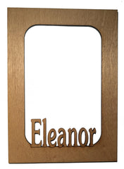 Personalized laser cut name photo frame mat in golden oak finish