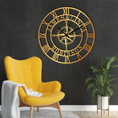 Personalized last name wall clock featuring metal compass sign