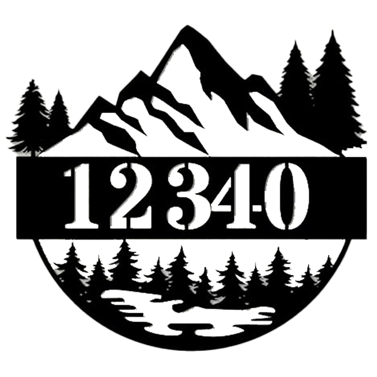 Personalized metal house number sign with mountain and pine silhouette