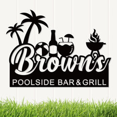 Personalized Metal Poolside Bar & Grill Sign with customizable message for outdoor spaces