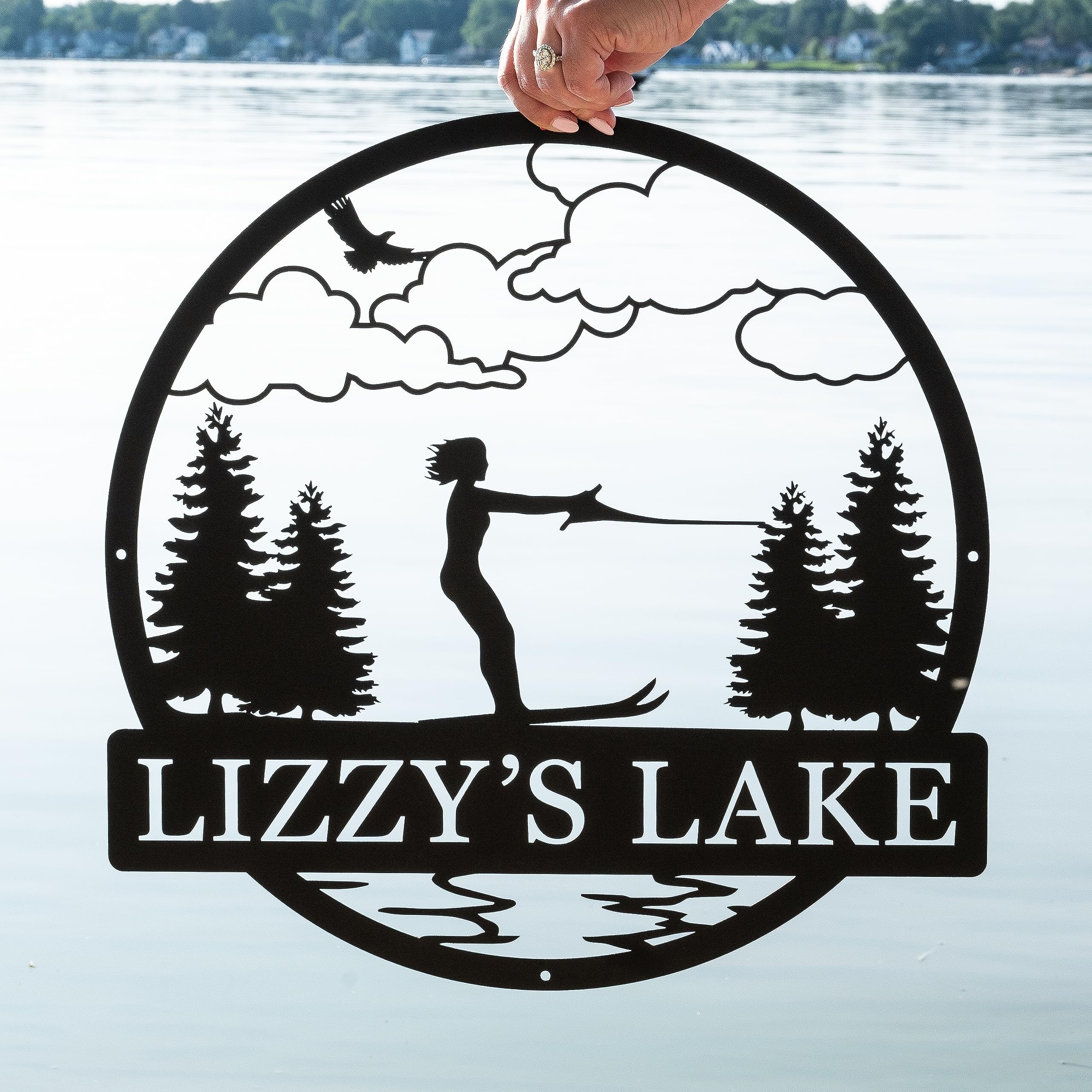 Close up of Personalized Metal Water Skiing Monogram Sign metal cut detail