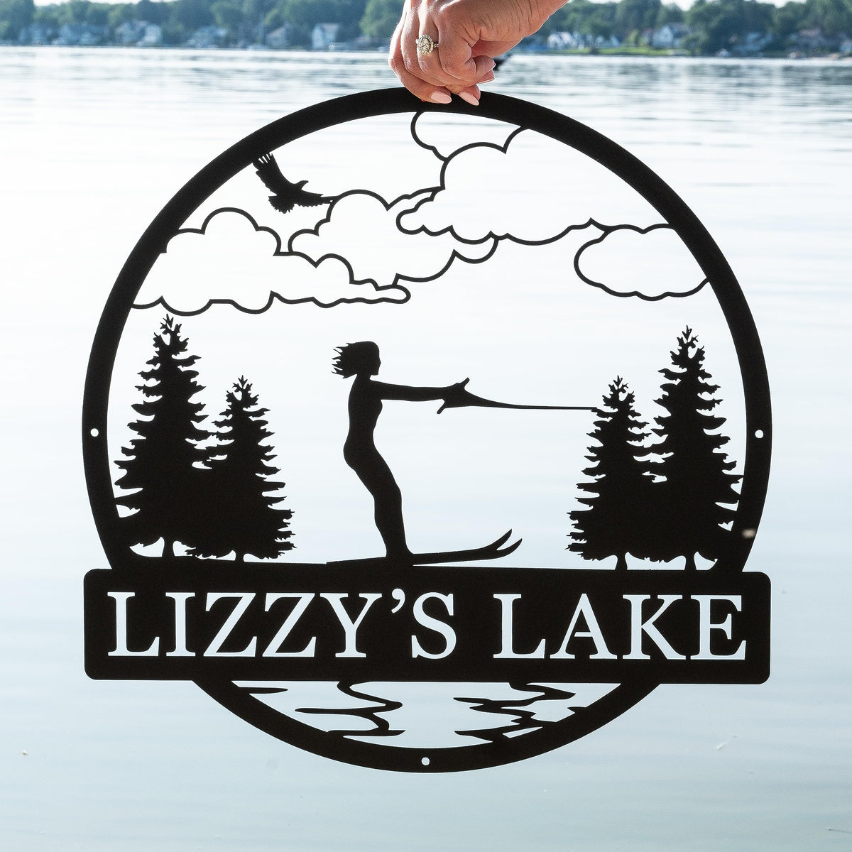 Close up of Personalized Metal Water Skiing Monogram Sign metal cut detail