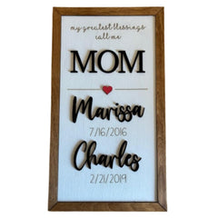 Close up of Personalized Mom Wall Décor in Baltic birch wood frame