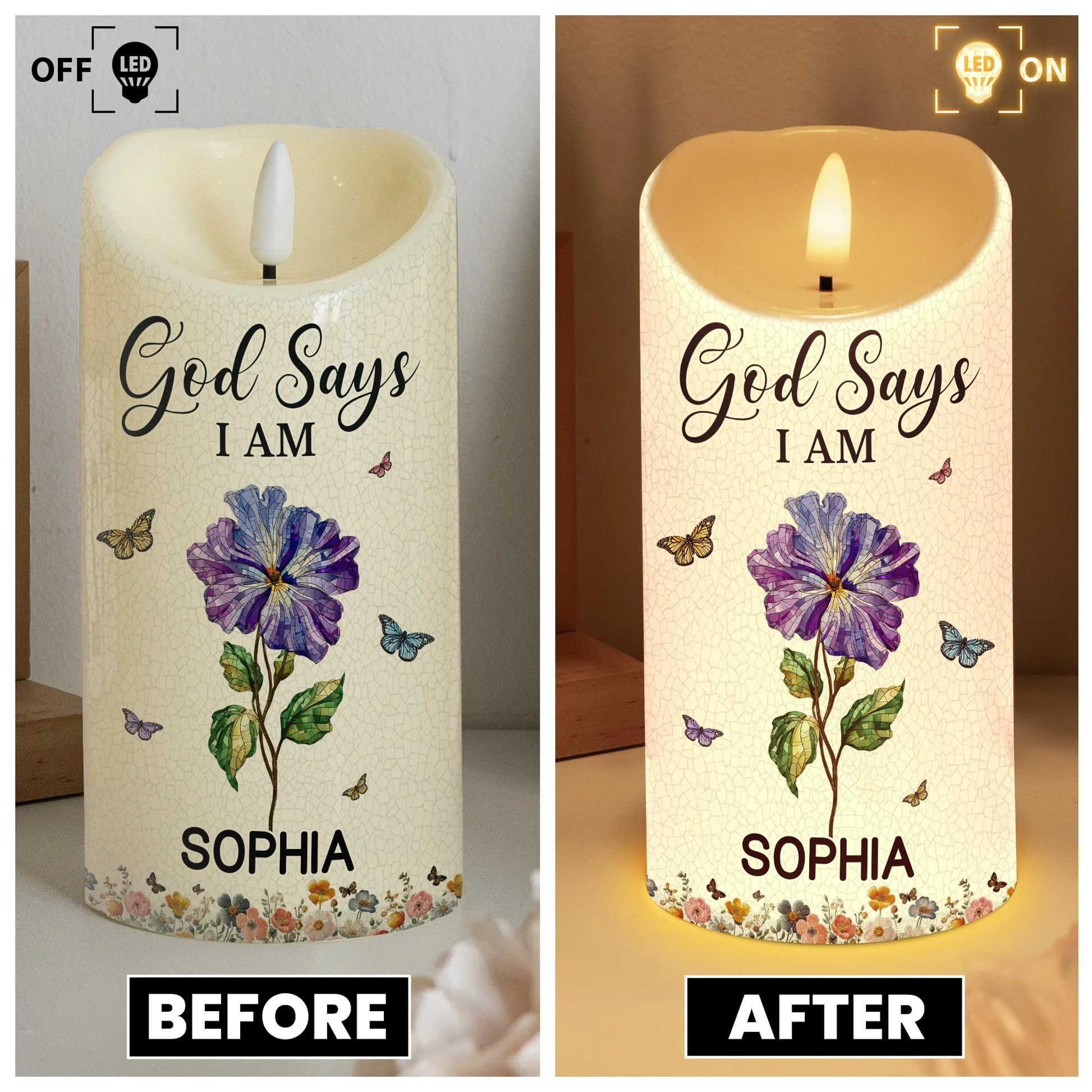 Flameless LED candle with Toile de Jouy floral design and Bible verses