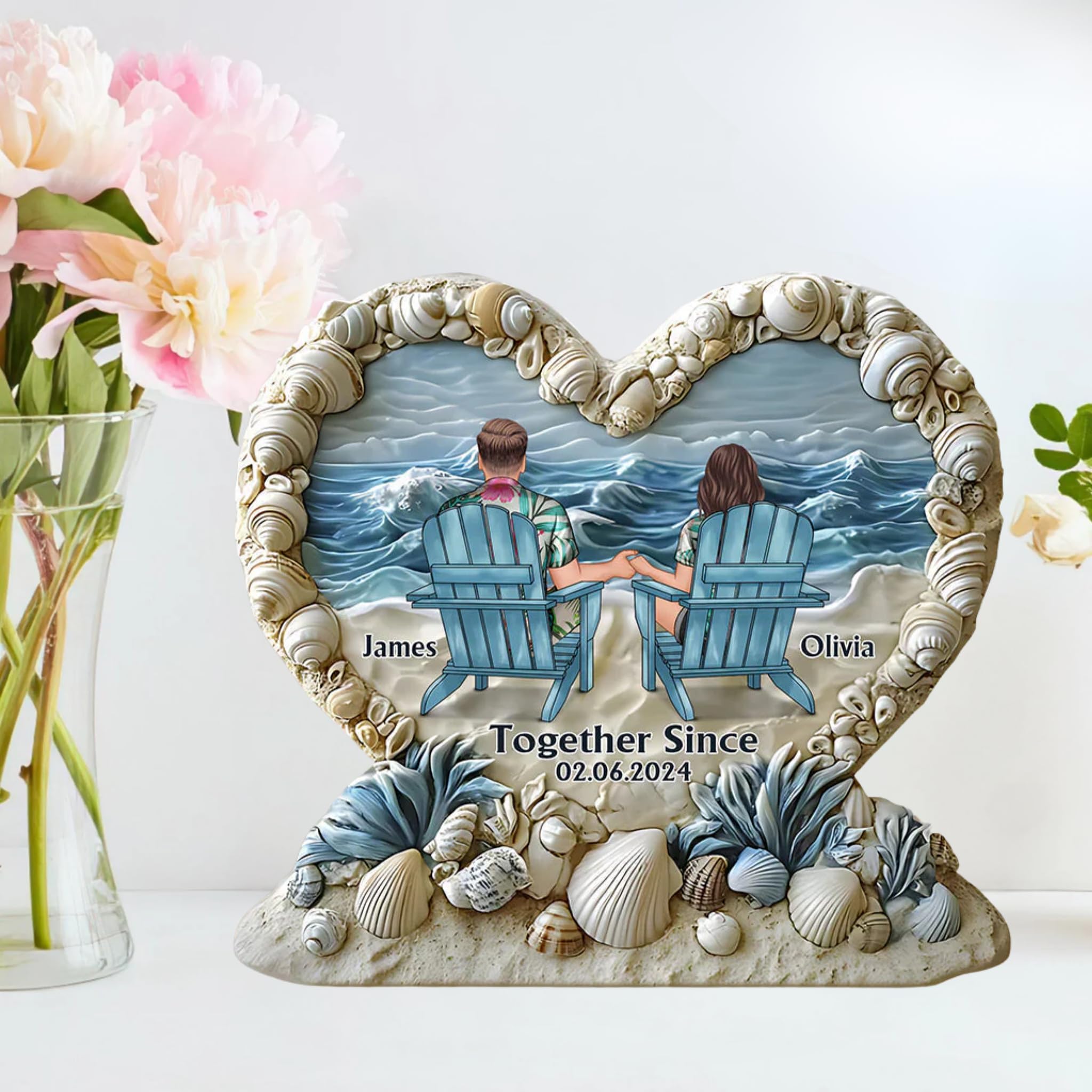 Heart shaped acrylic plaque personalized with names and date