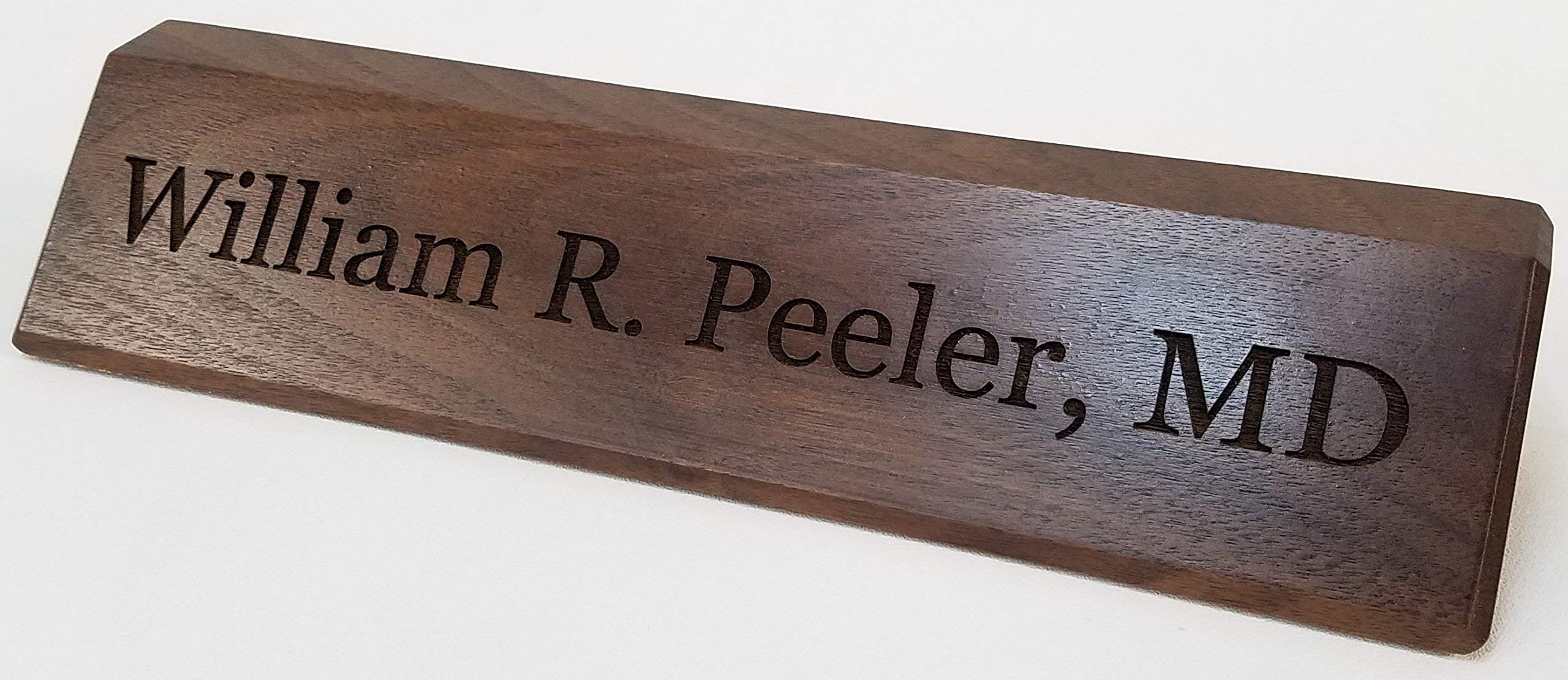 Personalized office name plate on walnut wood