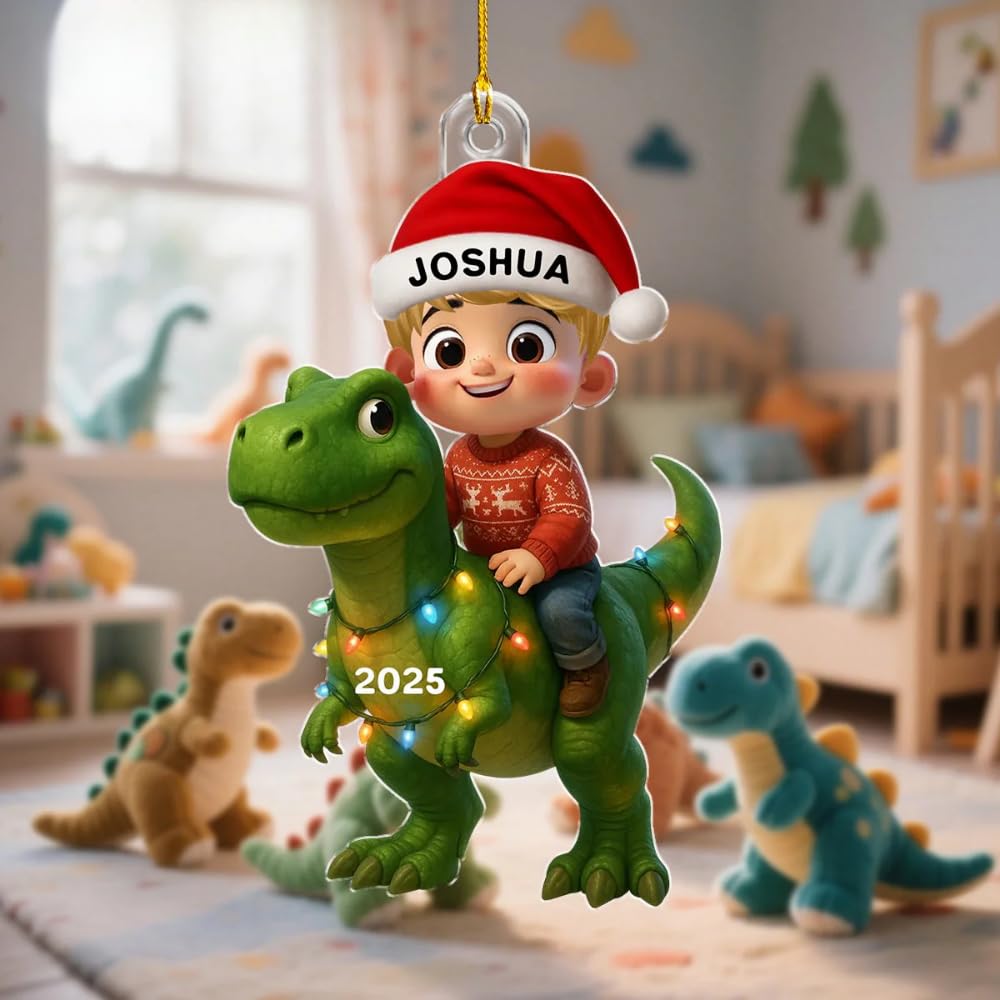 Personalized child riding dinosaur ornament for girl Christmas 2025