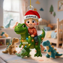 Personalized child riding dinosaur ornament for girl Christmas 2025