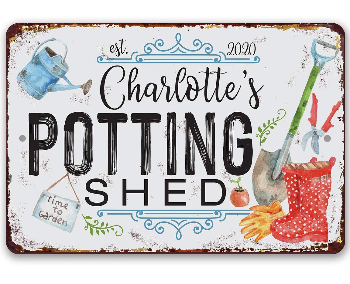 personalized potting shed metal sign with custom name