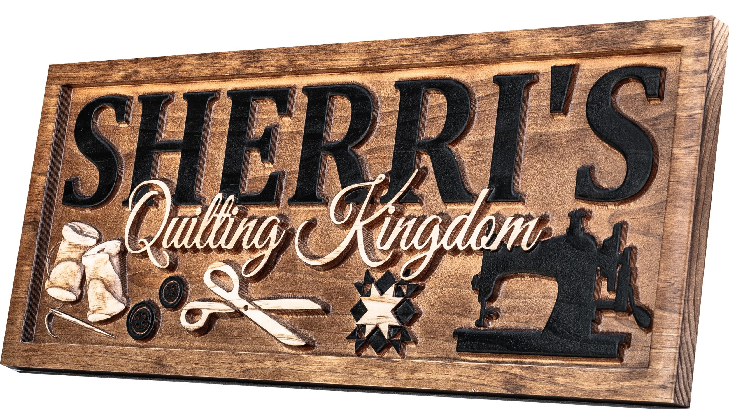 Personalized Quilting Room Sign with 3D sewing tools carved in pine