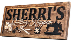 Personalized Quilting Room Sign with 3D sewing tools carved in pine