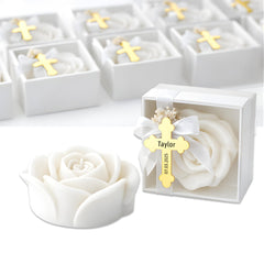 Personalized rose shaped soy candle favors with gold cross label