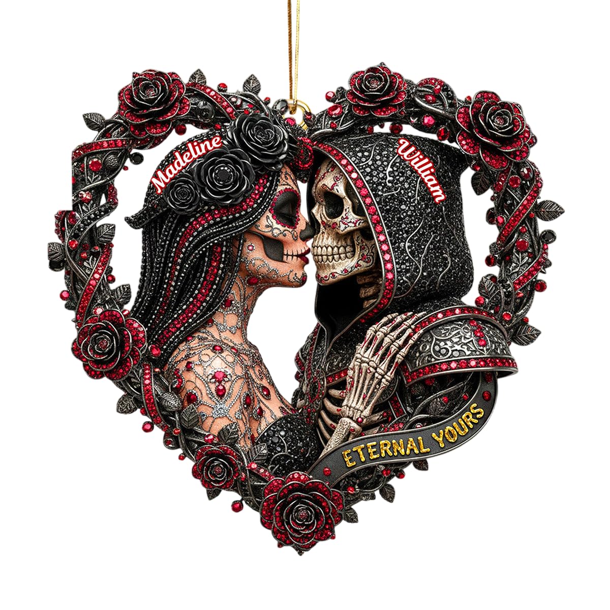 Personalized Skull Couple Christmas Ornament natural wood