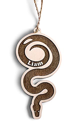Personalized snake ornament with engraved name on birch wood