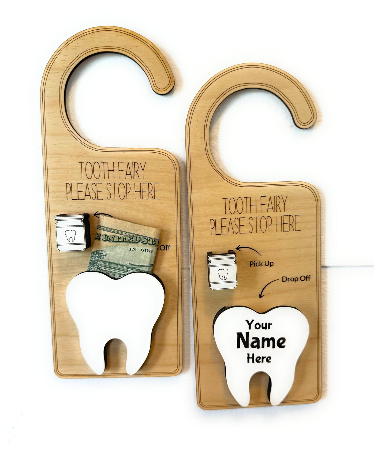 Personalized Tooth Fairy Door Hanger Kit in finished birch wood
