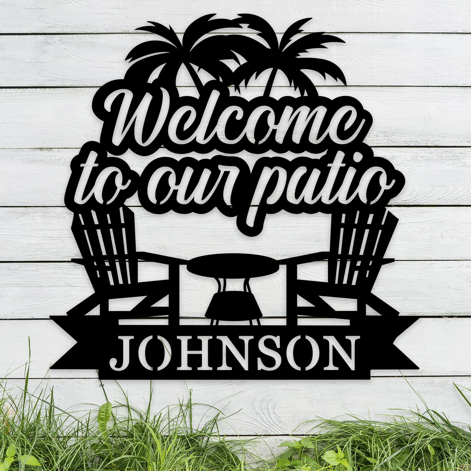 Personalized welcome patio sign with last name in metal