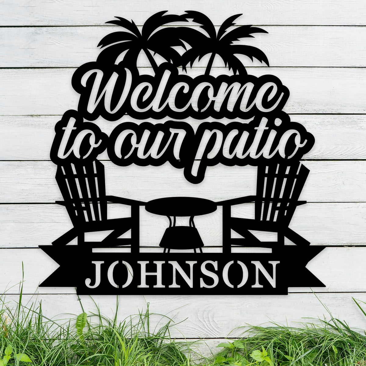 Personalized welcome patio sign with last name in metal
