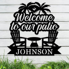 Personalized welcome patio sign with last name in metal
