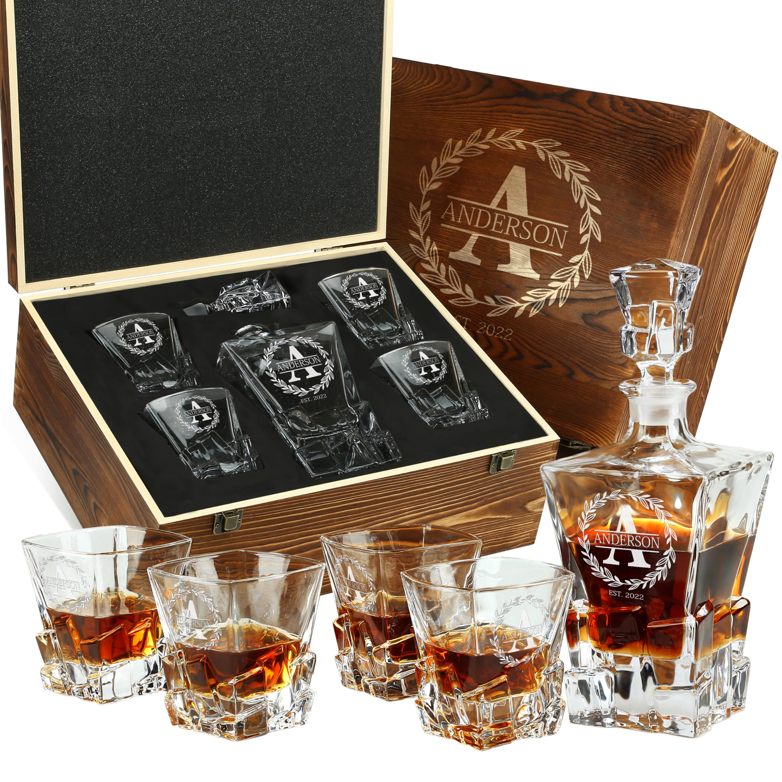 Personalized whiskey decanter and four glasses set with 34 oz capacity