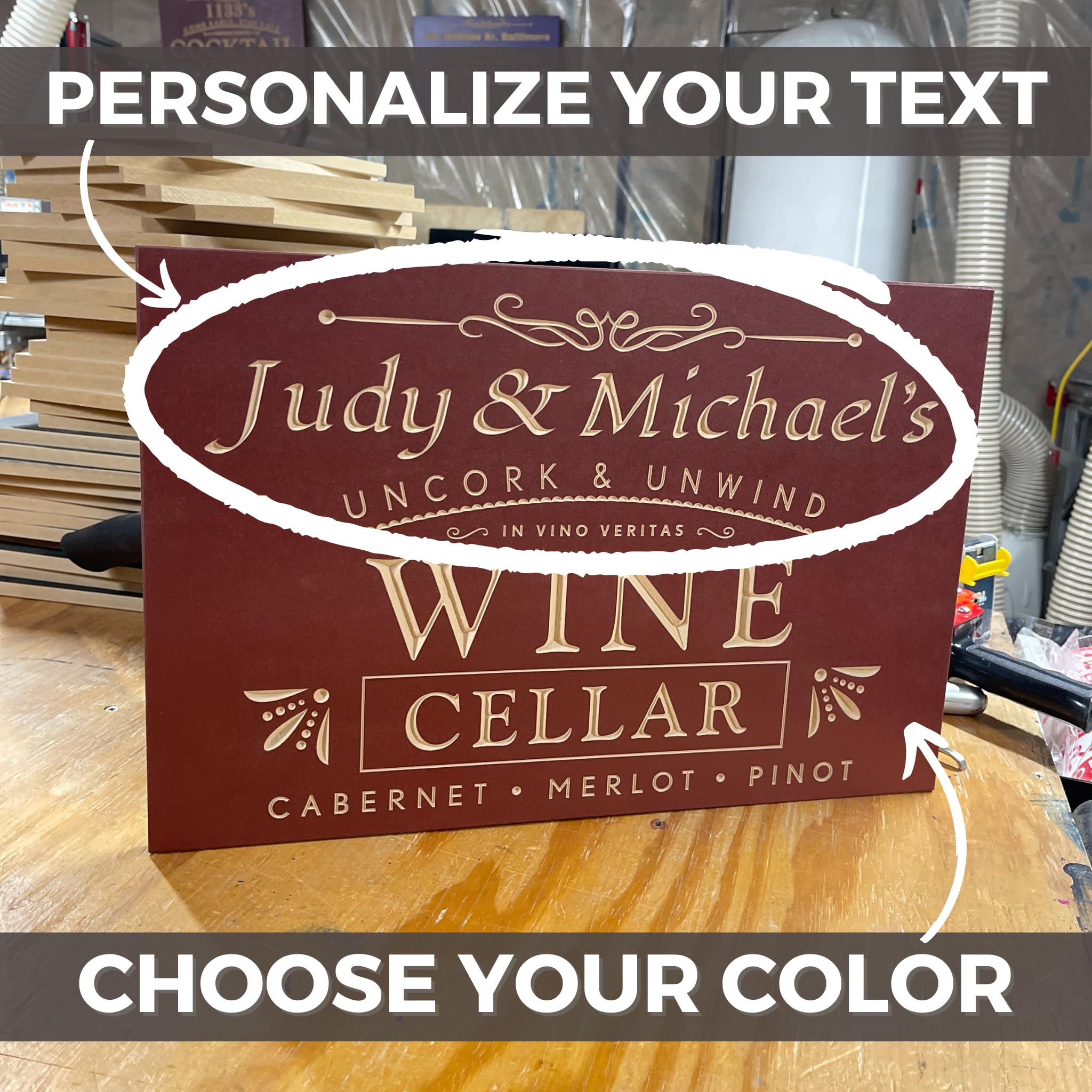 Hand-painted deep black wood wine cellar sign with carved reveal