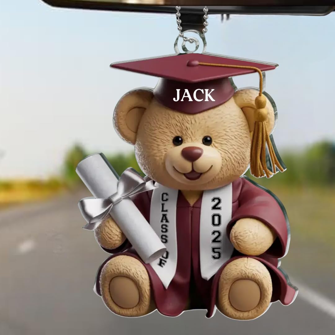 Personalized Wishes Bear acrylic car ornament customized with graduate name