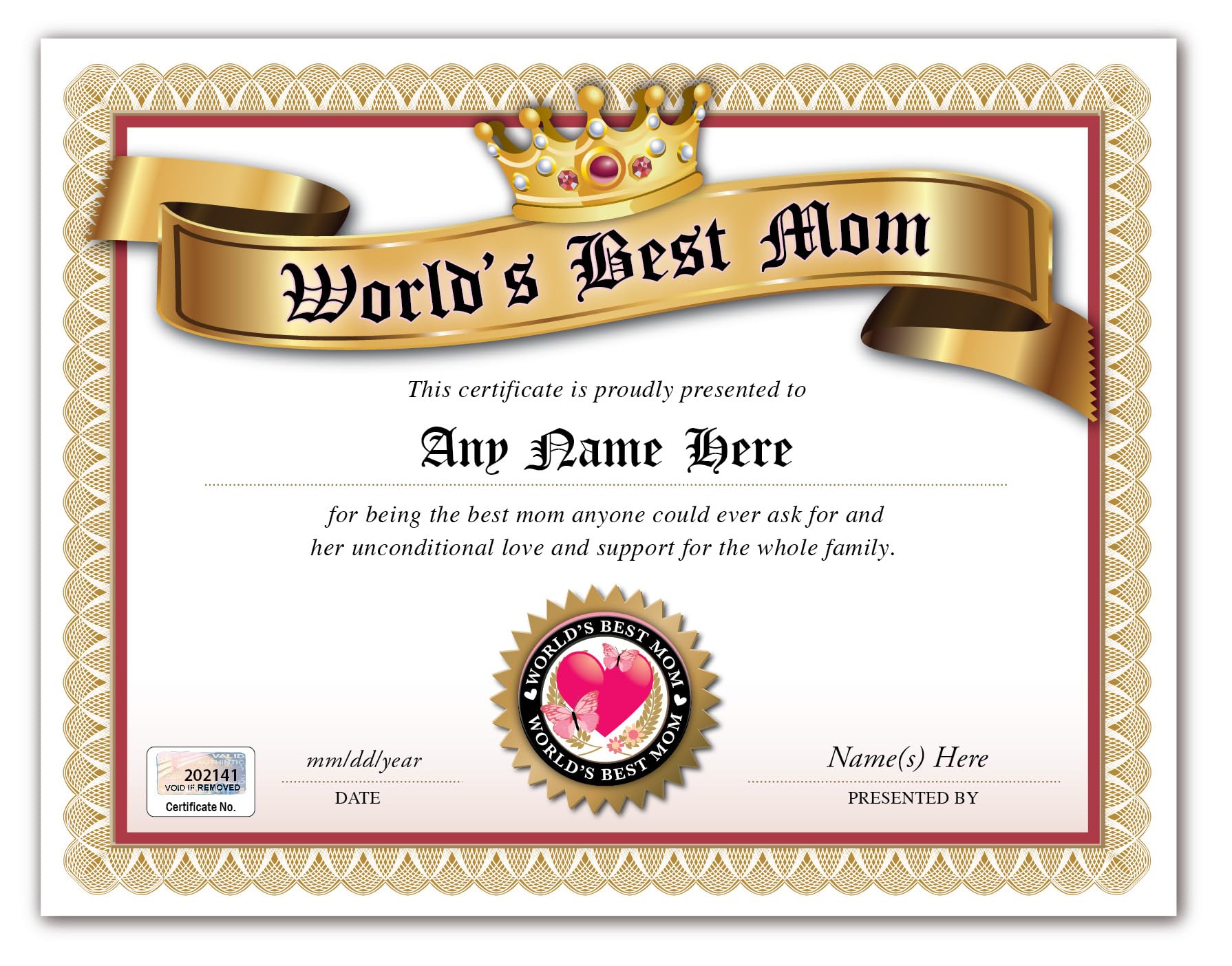 Personalized World's Best Mom Award Certificate diploma 8.5 x 11 inches print