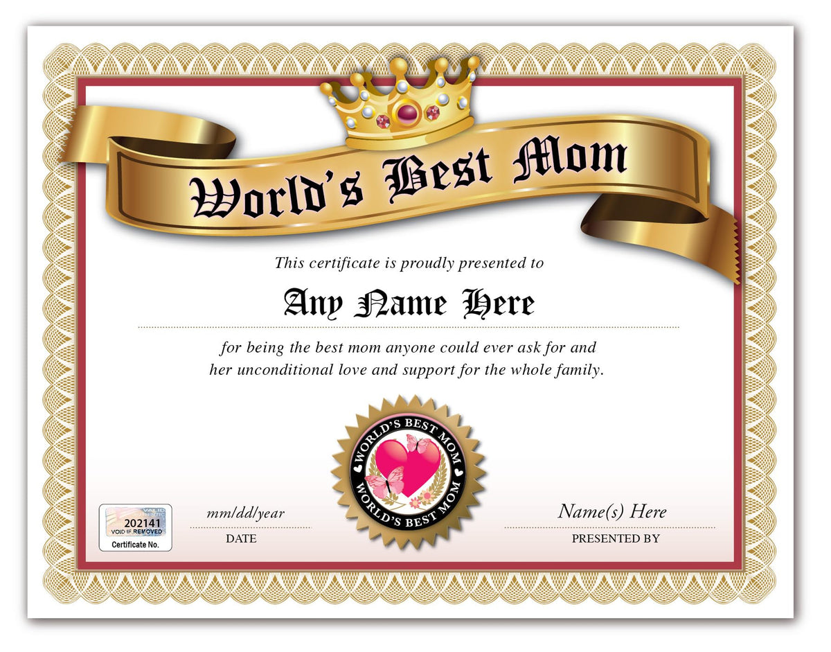 Personalized World's Best Mom Award Certificate diploma 8.5 x 11 inches print