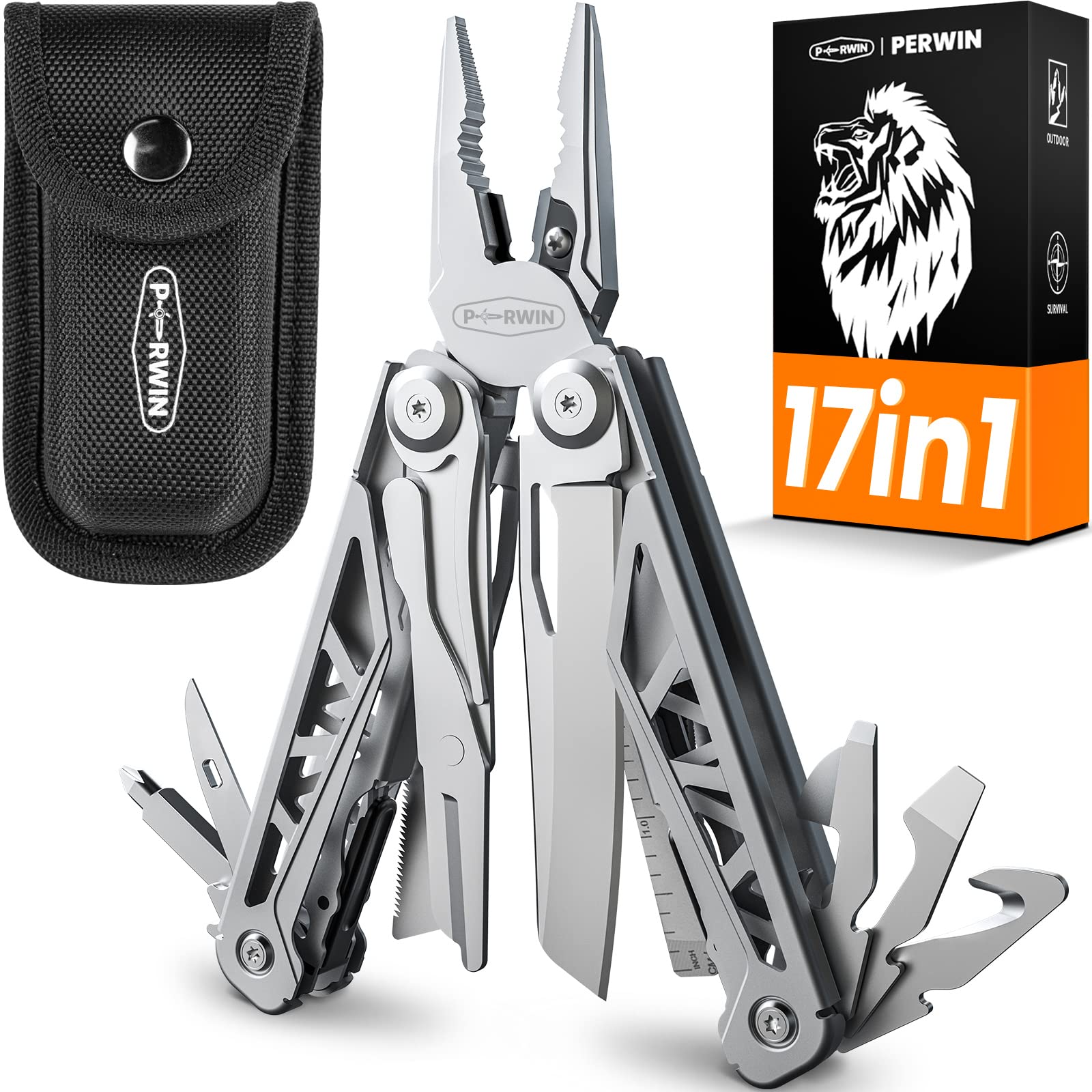 PERWIN Multitool 17-in-1 stainless steel toolkit with self-locking design