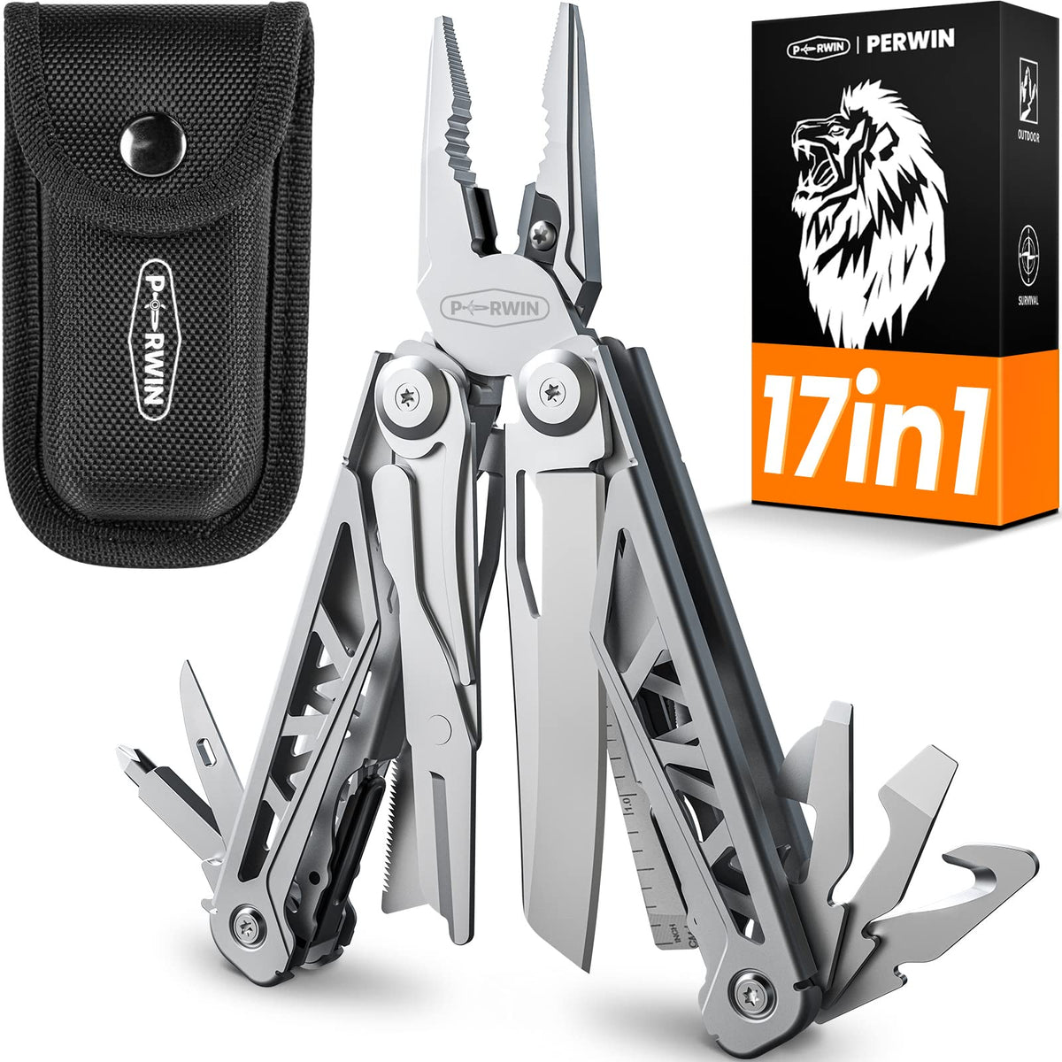 PERWIN Multitool 17-in-1 stainless steel toolkit with self-locking design