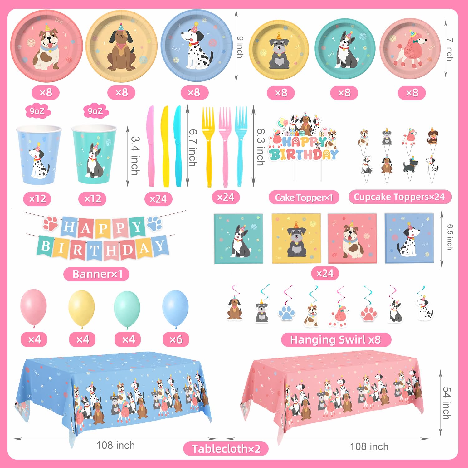 Napkins and cups included with two styles for dog party