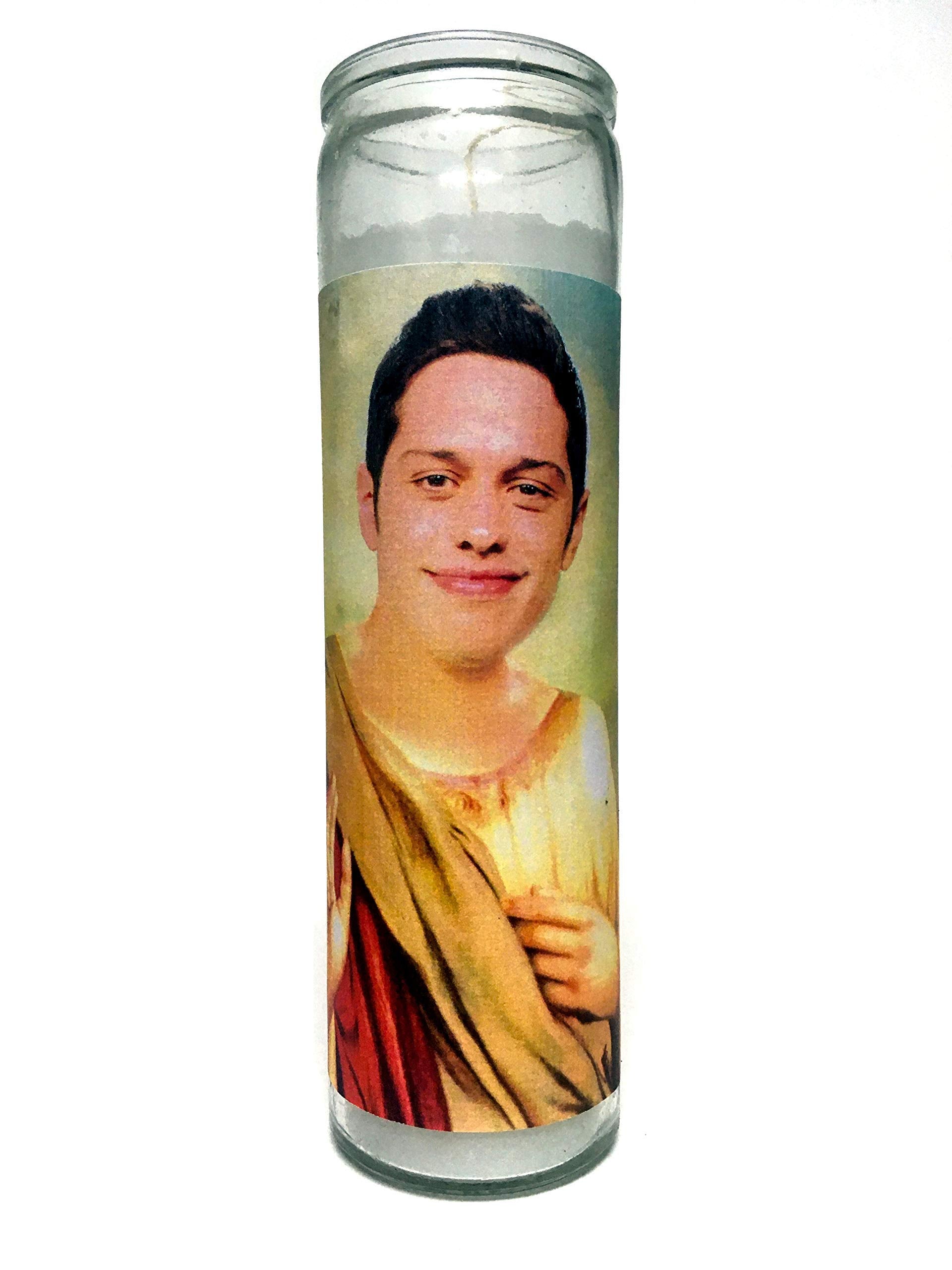 Pete Davidson devotional prayer saint candle 8 inch white glass