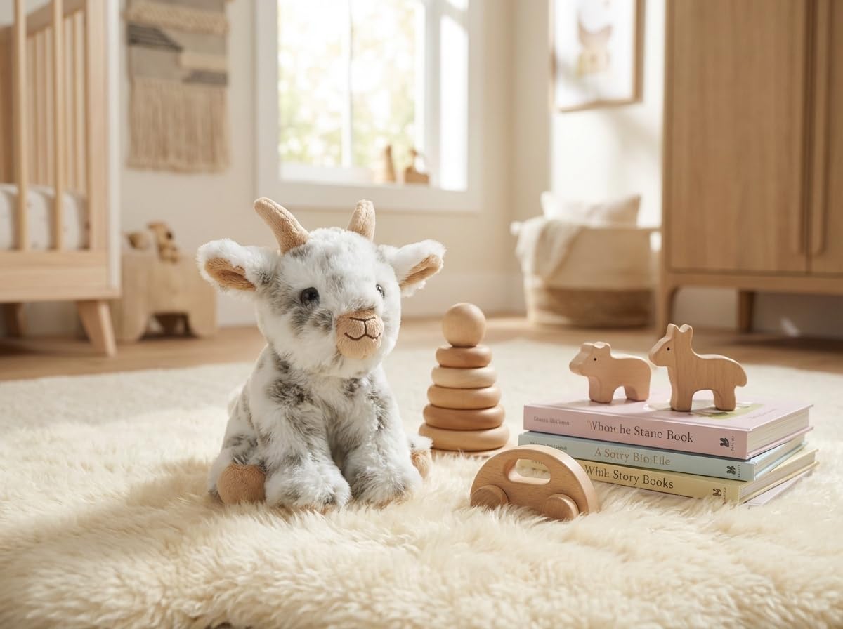 Durable stitching goat plush toy close up