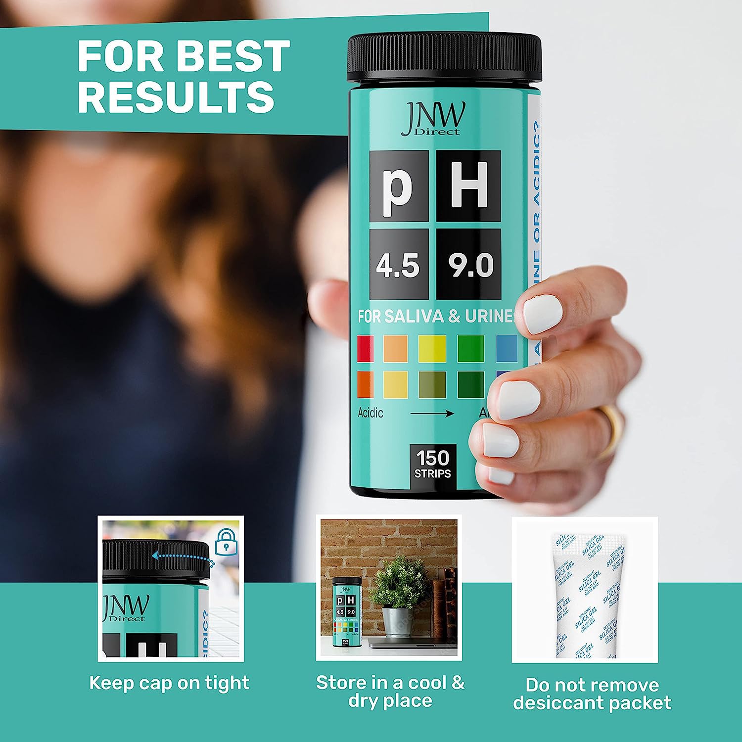 JNW Direct pH test strips packaging with color chart
