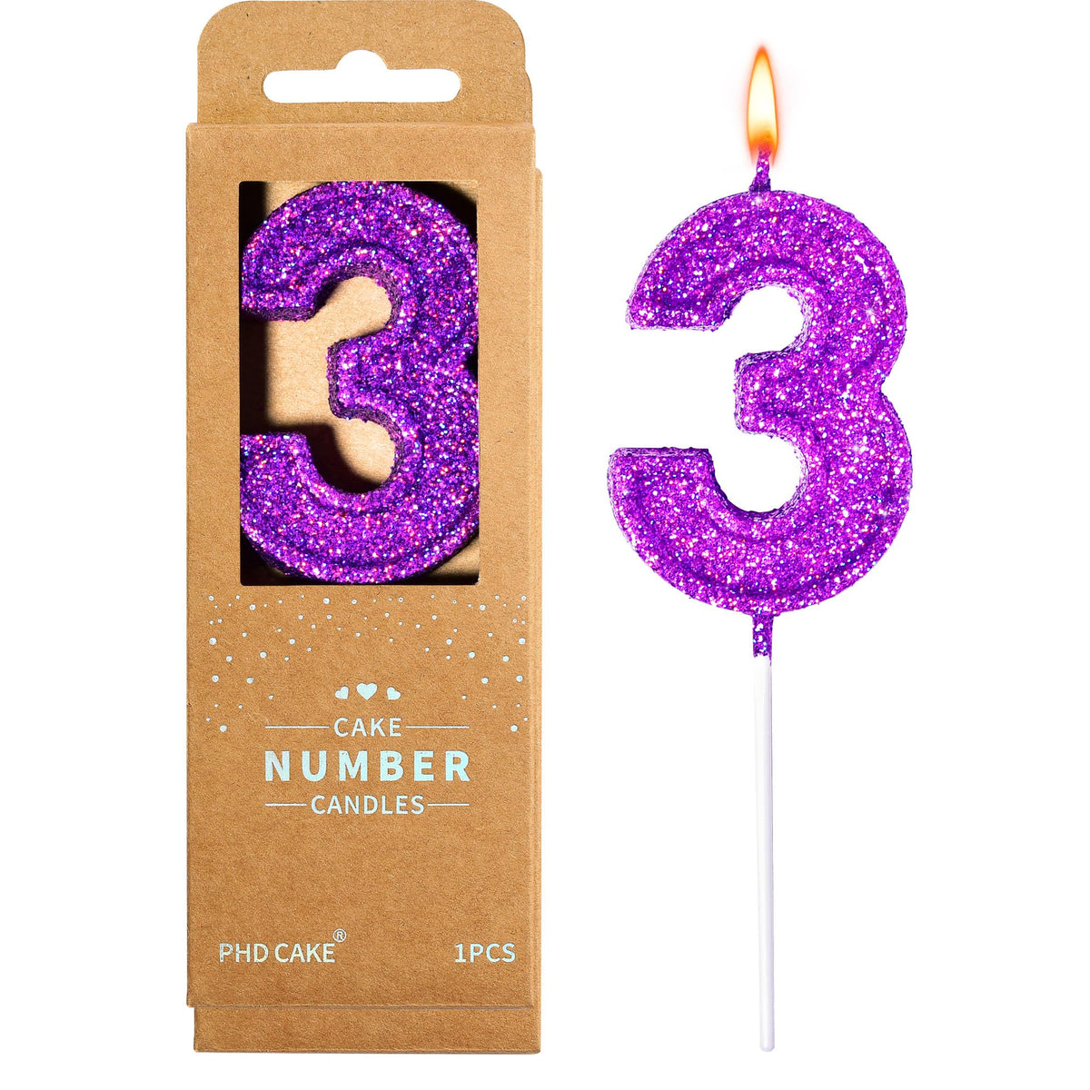 PHD CAKE 2.76 inch purple glitter birthday candle on cake