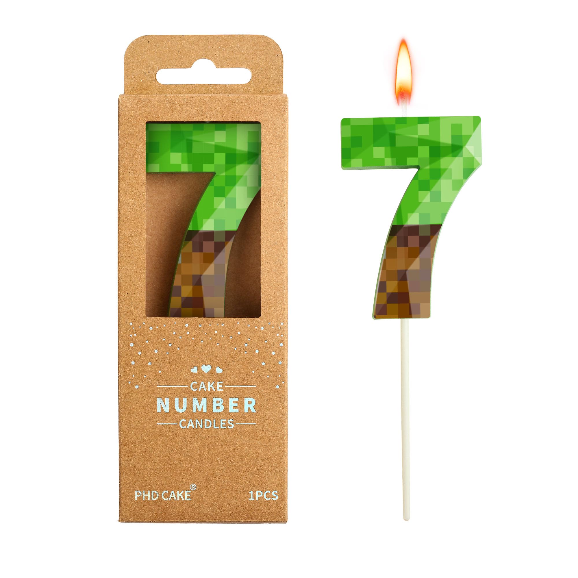 PHD CAKE 2.76 Inch Number 7 Pixel Birthday Candle on cake