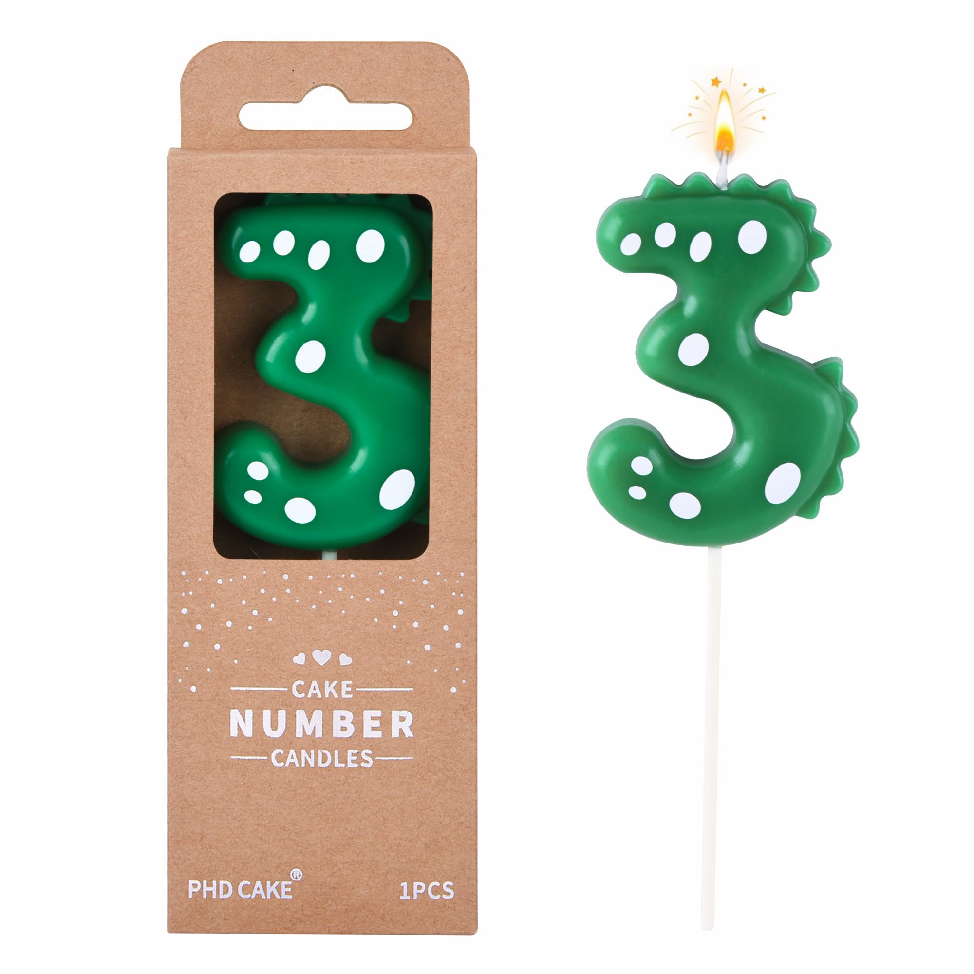 PHD CAKE 2.76 Inch Green Dinosaur 3 Number Birthday Candles on cake