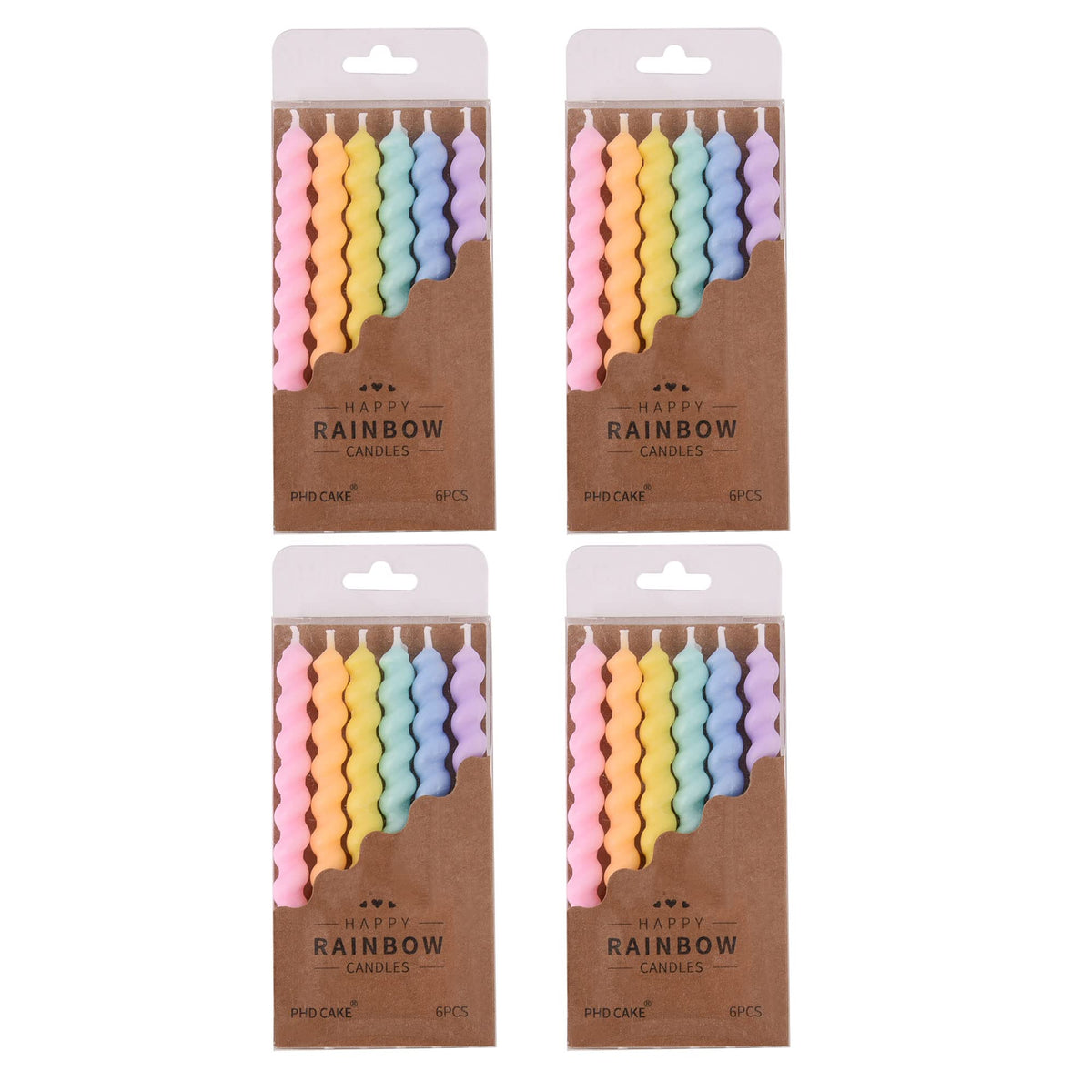 PHD CAKE 24-Count Rainbow Spiral Birthday Candles with Holders packaging