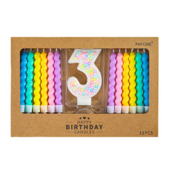 PHD CAKE Number 3 birthday candle with rainbow spiral
