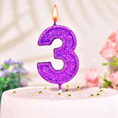 Purple glitter 3 number birthday candle with holder on cake