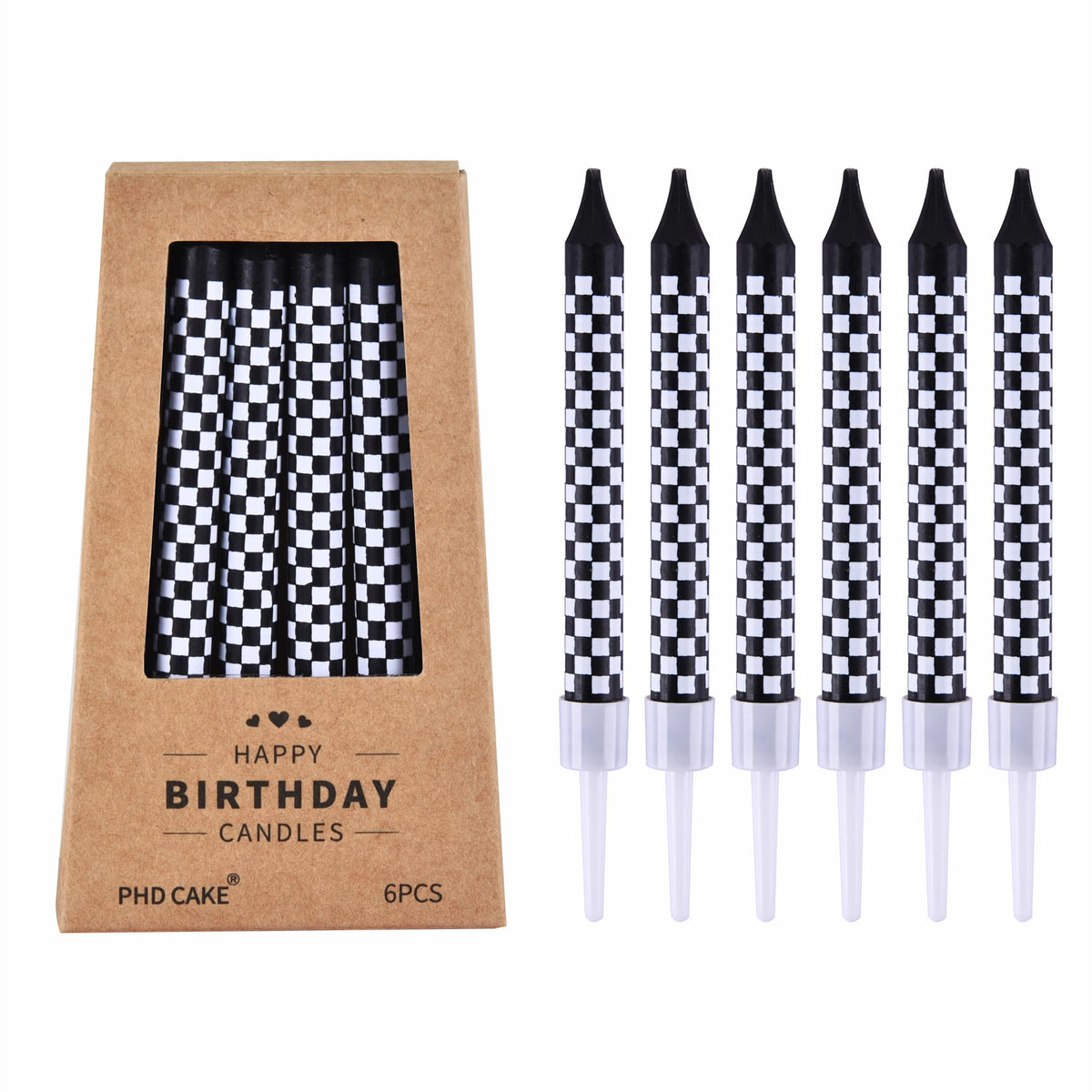 PHD CAKE racing cars birthday candles black white checkered pattern