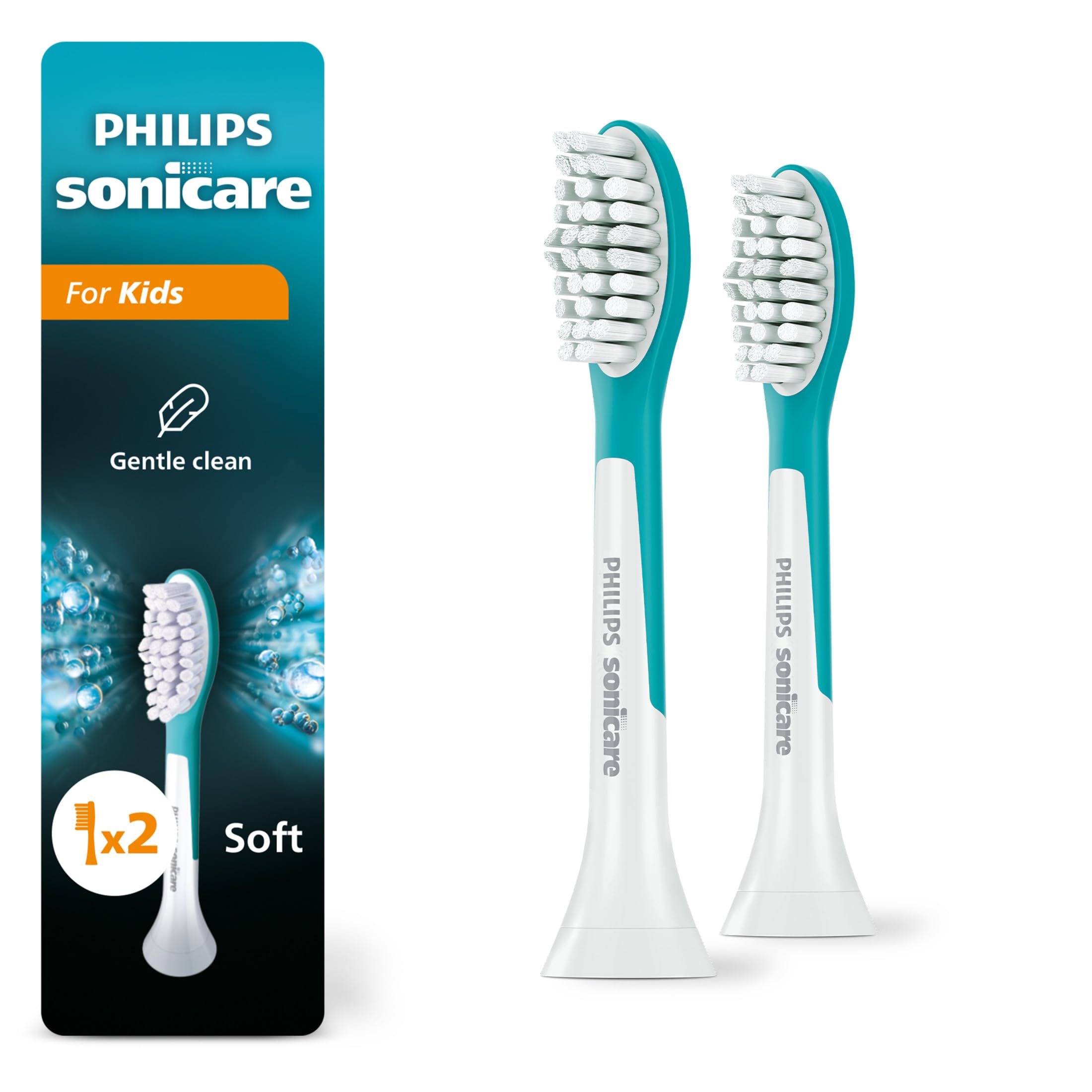 Two Philips Sonicare for Kids 7+ replacement brush heads HX6042/94 in turquoise and white